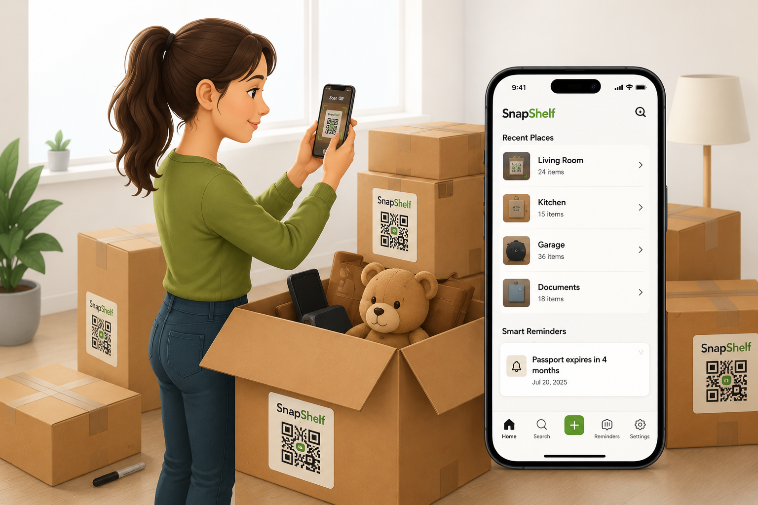 Illustration of labeled storage boxes with SnapShelf QR labels and the app on iPhone
