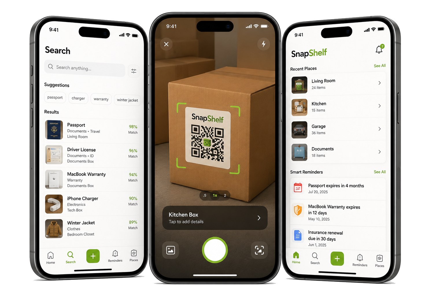 SnapShelf app screens showing a box, its photographed contents and a search result